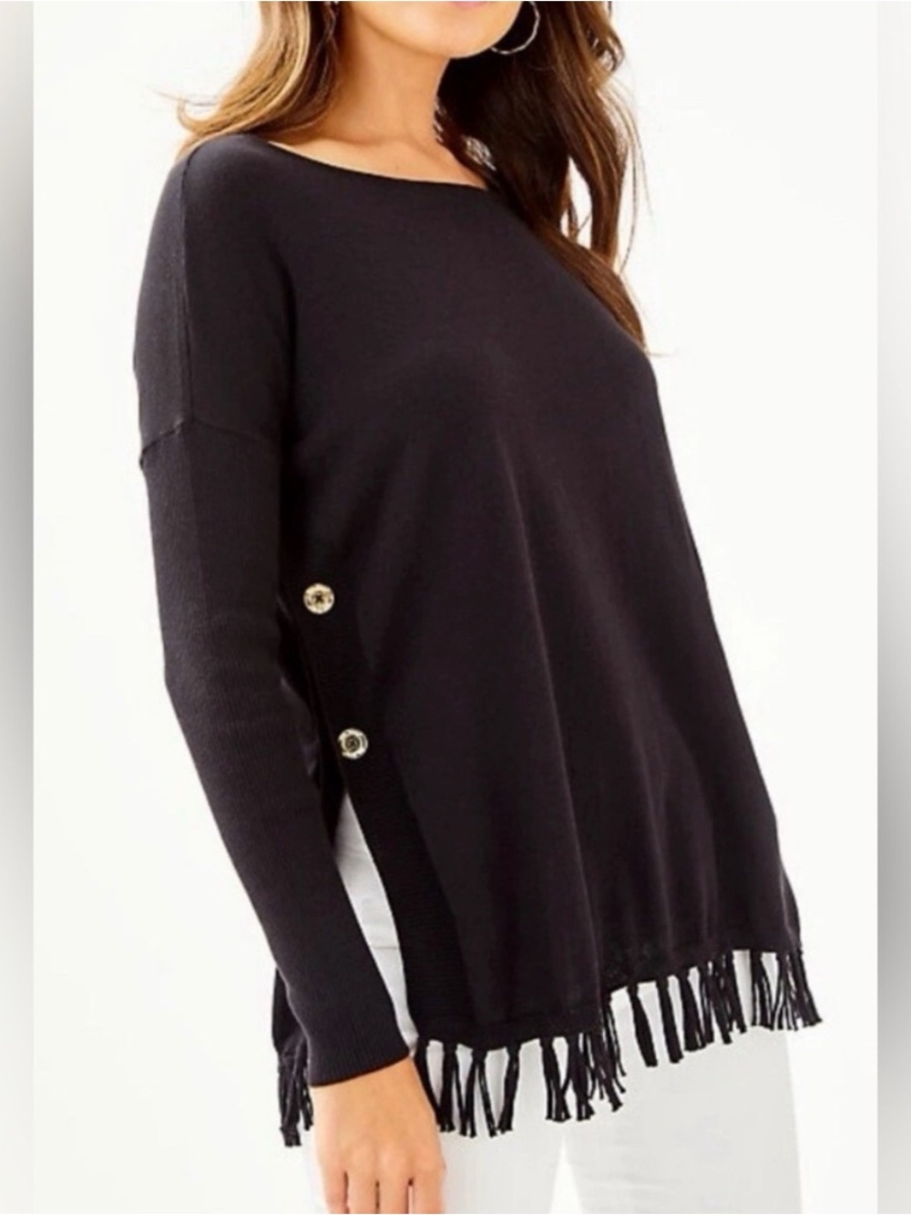 Lilly Pulitzer Ramona Fringe Sweater Onyx Black Lightweight Neutral Size Medium